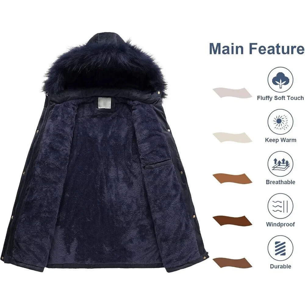 Women's Navy Winter Warm Coat Velvet Quilted Faux Fur Hood Puffer Jacket